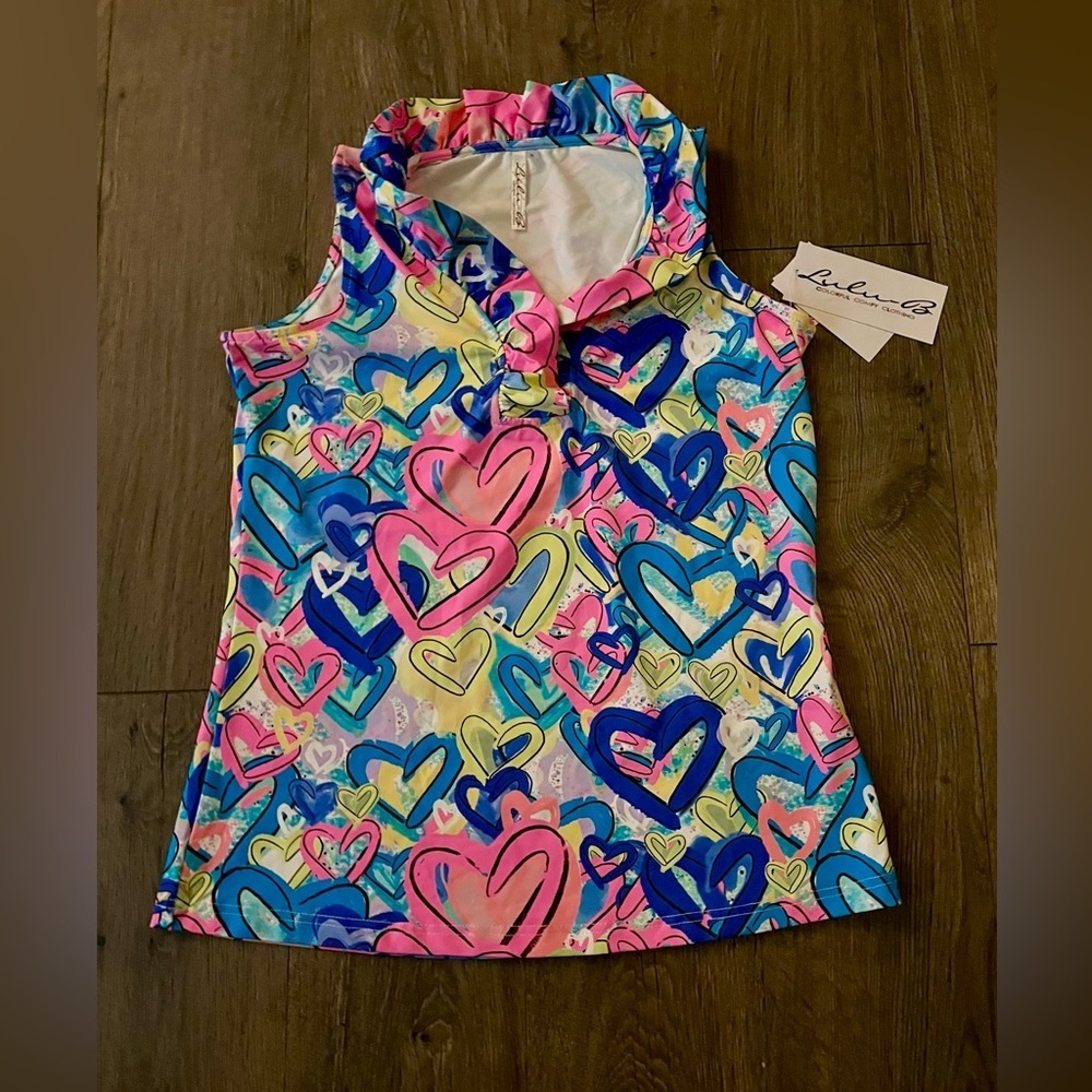 Lulu B Sleeveless Ruffle Cooling UPF 50 Top Colorful Hearts Print Small NWT new‌